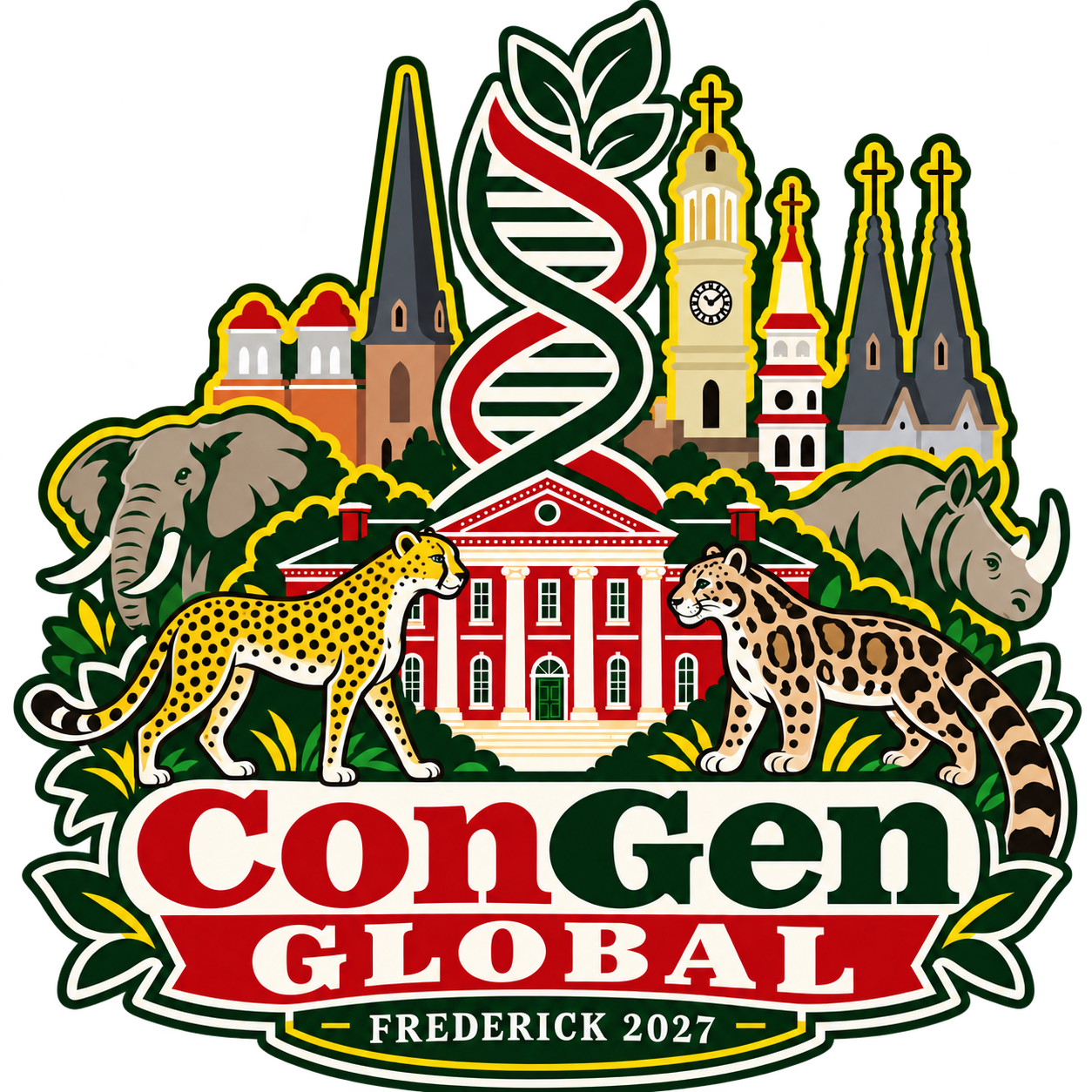 ConGen Global Frederick 2027 design with a cheetah, clouded leopard, elephant, rhinoceros, DNA helix, Hood-inspired building, and varied Frederick skyline